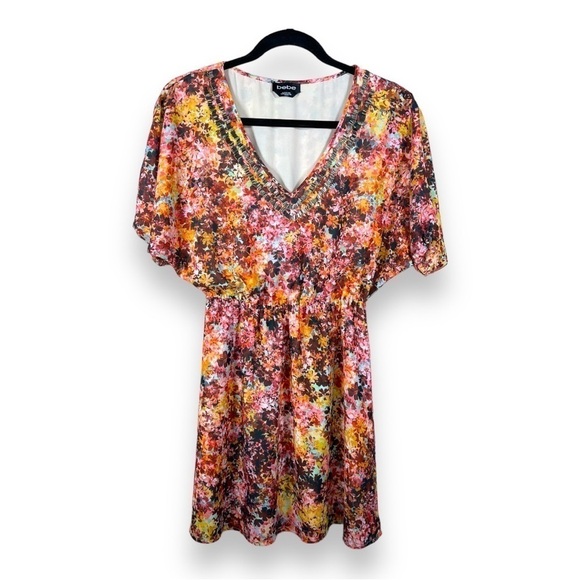 XXS BEBE COLORFUL FLORAL DRESS BEADED NECKLINE V NECK BOHO BOHEMIAN LINED SHORT - Picture 1 of 11